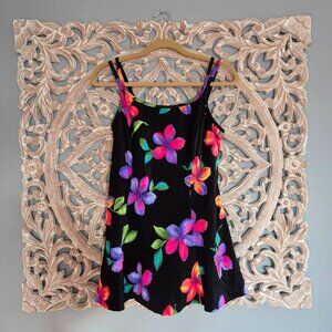 Longitude Womens Black Neon Floral Swim Dress Bathing Suit Size 14